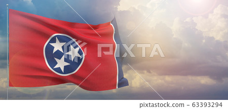 Flags of the states of USA. State of Tennessee flag. Waving flag on sunset sky background 3D illustration. Flags of the states of USA. State of Tennessee flag. Waving flag on sunset sky background 3D illustration. 63393294