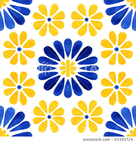 Azulejos tile. Traditional Portuguese Mosaic tile decoration. Watercolor blue and yellow flowers artwork. 63393724