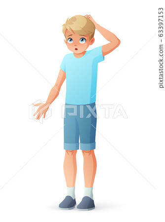 Surprised boy scratching head and shrugging shoulders. Isolated vector illustration. Surprised boy scratching head and shrugging shoulders. Isolated vector illustration. 63397153