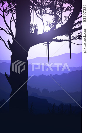 Natural forest mountains horizon hills silhouettes of trees. Evening Sunrise and sunset. Landscape wallpaper. Illustration vector style. Colorful view background. 63397323
