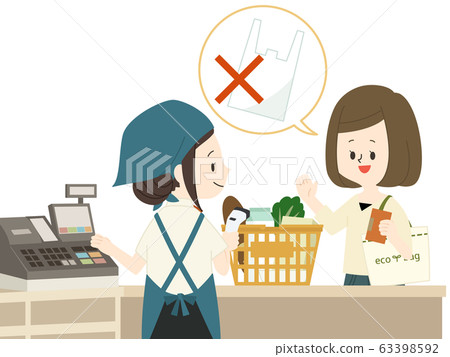 Woman refusing plastic shopping bag at supermarket Woman refusing plastic shopping bag at supermarket 63398592