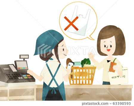 Woman refusing plastic shopping bag at supermarket-watercolor 63398593