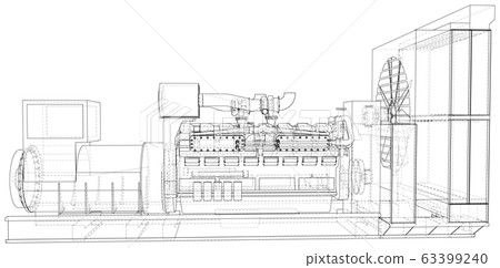 High voltage industrial standby dieasel generator at a power generation. The layers of visible and invisible lines are separated. EPS10 format. Wire-frame High voltage industrial standby dieasel generator at a power generation. The layers of visible and invisible lines are separated. EPS10 format. Wire-frame 63399240