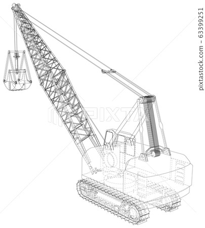 Mining machine. The machine of quarry mining works. The layers of visible and invisible lines are separated. Wire-frame outline Mining machine. The machine of quarry mining works. The layers of visible and invisible lines are separated. Wire-frame outline 63399251