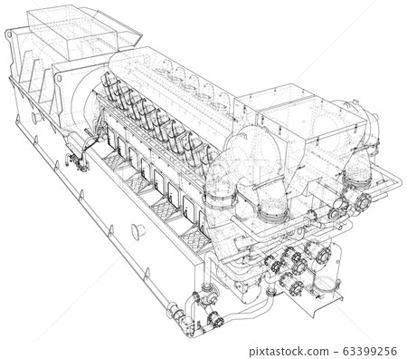 High voltage industrial standby dieasel generator at a power generation. The layers of visible and invisible lines are separated. EPS10 format. Wire-frame 63399256