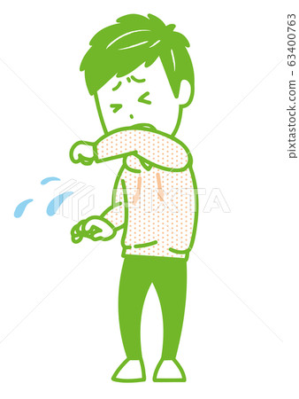 一名男子手持咳嗽與他的手臂姿勢圖 63400763