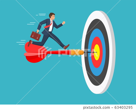 The businessman run to the bulls eye with the dart 63403295