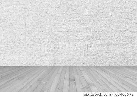 Wooden floor with granite stone brick tile wall aged texture pattern background in white grey color 63403572