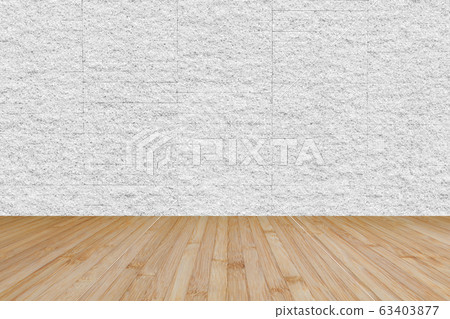 Wooden floor in yellow brown with granite stone brick tile wall aged texture pattern background in white grey color 63403877