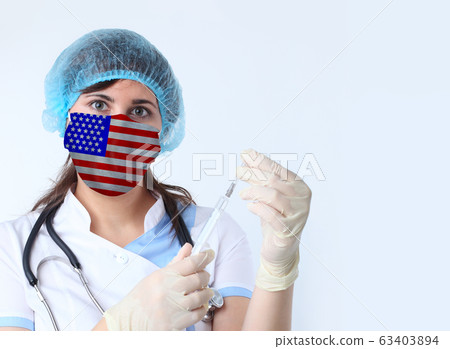 Scientist woman and mask with USA flag. Research 63403894