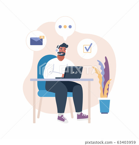 Vector illustration of man with headset working with laptop. Business, study infographics, online training, freelance, customer service. Communication in flat icon colors. UI design illustration Vector illustration of man with headset working with laptop. Business, study infographics, online training, freelance, customer service. Communication in flat icon colors. UI design illustration 63403959
