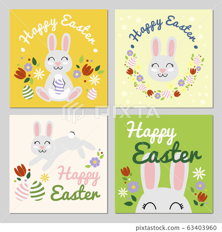 Happy Easter Cards Vector Set to Celebrate Easter. 4 cards with bunny rabbit smiling with flowers. Flat illustration with spring colorful mood. Easter Egg hunt Happy Easter Cards Vector Set to Celebrate Easter. 4 cards with bunny rabbit smiling with flowers. Flat illustration with spring colorful mood. Easter Egg hunt 63403960