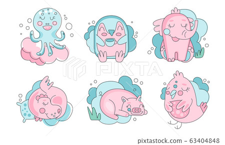 Cute Sleeping Animals and Birds Collection, Lovely Octopus, Elephant, Dragon, Pig Vector Illustration Cute Sleeping Animals and Birds Collection, Lovely Octopus, Elephant, Dragon, Pig Vector Illustration 63404848