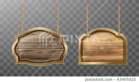 Wooden boards metal frame on ropes realistic sign 63405028