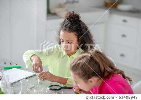 Two girls sitting at the table conducting an experiment. 63408942