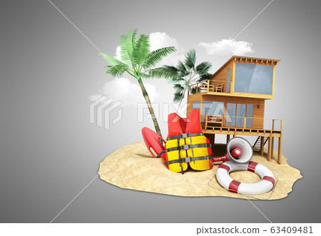 Secure beach concept Life jacket life ring and a 63409481