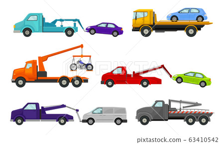 Tow Truck or Breakdown Truck Working Side View Vector Set 63410542