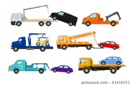 Tow Truck or Breakdown Truck Working Side View Vector Set 63410551