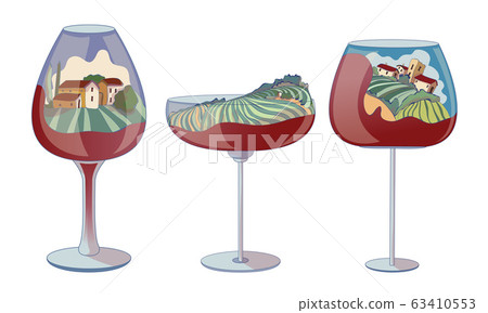 Wine Glasses with Red Liquid on the Bottom and Vineyard Landscape Inside Vector Set 63410553