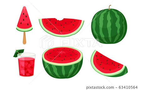 Whole Watermelon Fruit with Refreshing Summer Drink and Fruit Ice Vector Set 63410564