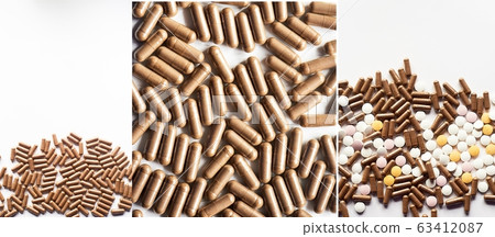 Vitamins and supplements, dietary supplements for the immune system.Dietary supplement.White background. Collage Vitamins and supplements, dietary supplements for the immune system.Dietary supplement.White background. Collage 63412087