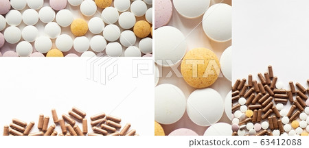 Vitamins and supplements, dietary supplements for the immune system.Dietary supplement.White background. Collage 63412088