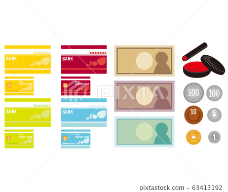 Bankbook bank money 10,000 yen coins credit card cash card seal Bankbook bank money 10,000 yen coins credit card cash card seal 63413192