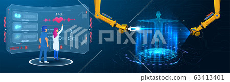 Industrial machine robotic robot arm changes the DNK of a person. Scientists or researchers analyzing DNA molecule. Genetic engineering biotechnology and genome modification. Sci, HUD, GUI, UI medical 63413401