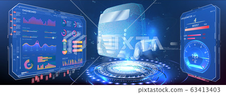 Autonomous smart truck. Unmanned vehicles. artificial intelligence controls the Autonomous truck. Hologram car style in HUD UI GUI. Hardware Diagnostics Condition of Car. Analysis and diagnostics auto 63413403