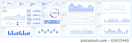Modern infographic template with statistics finance charts. Infographics dashboard. Admin panel interface with color charts, graphs, calendar and charts on a white background. Vector illustration 63413440