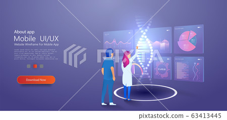 Analyzing DNA molecule. genetic Engineering and Genome modification. DNA nanotechnology biochemistry and human genome. Can use for web banner, infographics, hero images. Flat isometric vector 63413445