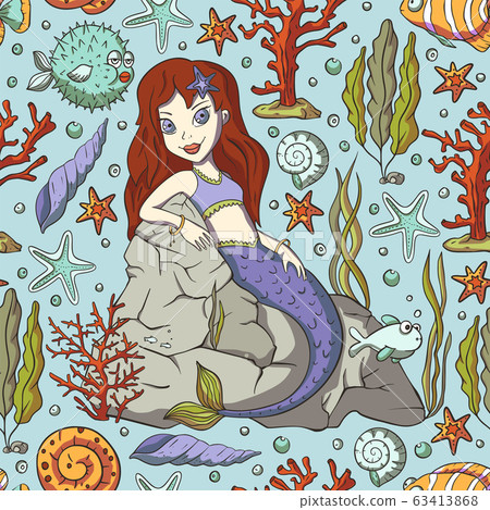 Seamless pattern with cute mermaids. 63413868