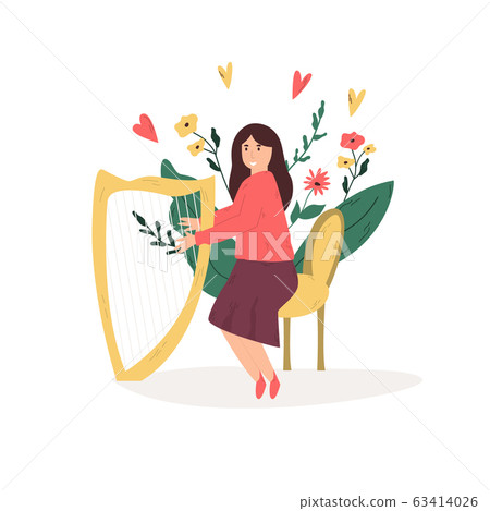 Young musician girl playing harp, Favorite hobby Young musician girl playing harp, Favorite hobby 63414026