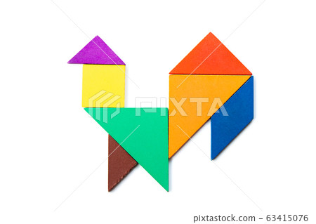 Color wood tangram puzzle in cock or bird shape 63415076