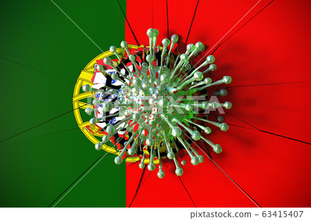 Virus breaks wall with flag of Portugal. Coronavirus outbreak related conceptual 3D rendering Virus breaks wall with flag of Portugal. Coronavirus outbreak related conceptual 3D rendering 63415407