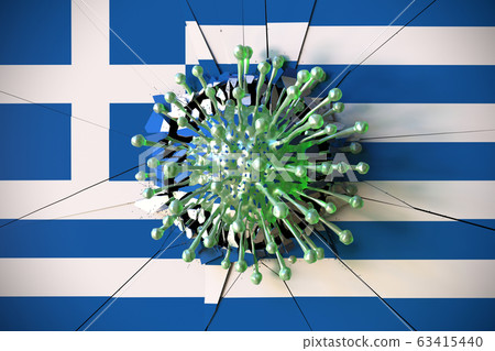 Virus breaks wall with flag of Greece. Coronavirus outbreak related conceptual 3D rendering 63415440