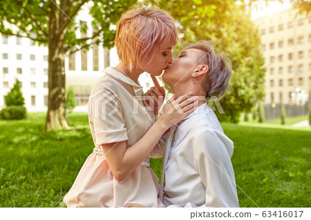 Beautiful lesbian couple hugging. Love and passion Beautiful lesbian couple hugging. Love and passion 63416017