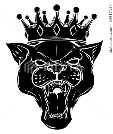Black panther with crown on his head and open mouth, on white background Black panther with crown on his head and open mouth, on white background 63417189
