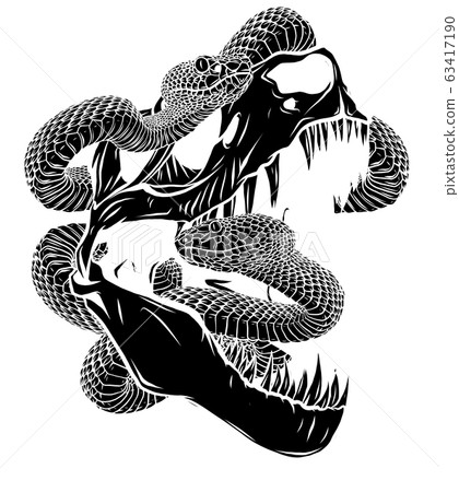 Vector skeleton of Tyrannosaurus rex T-rex with snakes on isolated background . 63417190