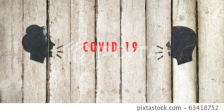 Coronavirus COVID-19. Protect vulnerable adults and older people. Head, people, listen and speak icon, flat design. Part of a series. Man and woman conversation icon illustration on wooden background 63418752