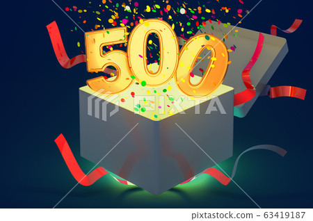 Number 500 inside gift box with confetti and shiny Number 500 inside gift box with confetti and shiny 63419187