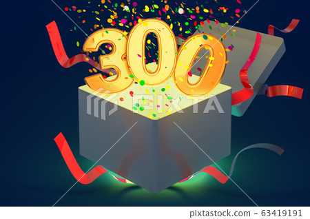 Number 300 inside gift box with confetti and shiny Number 300 inside gift box with confetti and shiny 63419191