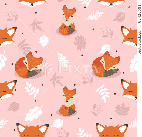 Cute foxes with leaves decoration seamless pattern - Stock Illustration ...