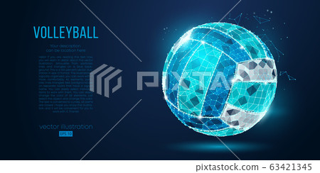 Abstract silhouette of a volleyball ball from particles, lines and triangles on blue background. Neon light. Elements on a separate layers color can be changed in one click. Vector illustration 63421345