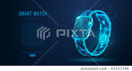 Abstract silhouette of a smart clock from particles, lines and triangles on blue background. Elements on a separate layers color can be changed to any other in one click. Vector illustration 63421346