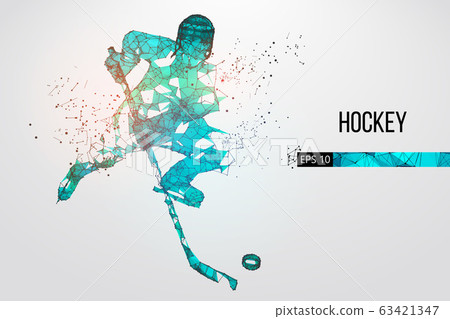 Silhouette of a hockey player from particles, lines and triangles. Dots, lines, triangles text color effects and background on a separate layers, color can be changed in one click. Vector illustration 63421347