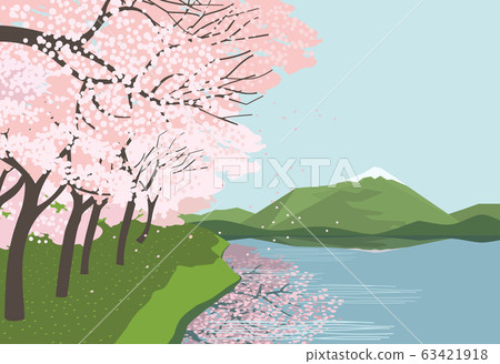 Cherry blossoms at the river flat vector landscape 63421918