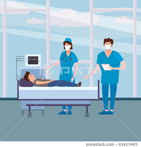 Doctor and nurse in antiviral face mask and patient taking care of patient health in hospital room. Consultation and diagnosis medical tests virus check. Vector illustration isolated Doctor and nurse in antiviral face mask and patient taking care of patient health in hospital room. Consultation and diagnosis medical tests virus check. Vector illustration isolated 63423405