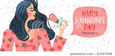 Valentine's day woman with flower cartoon card Valentine's day woman with flower cartoon card 63423490