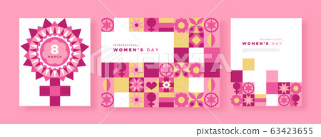 Womens day pink flower geometric mosaic card set 63423655